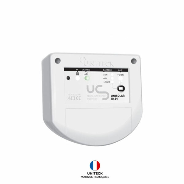 Régulateur de charge 12/24 V 10 A max. conçu et fabriqué en France, technologie PWM, avec algorithme de gestion de charge performant.